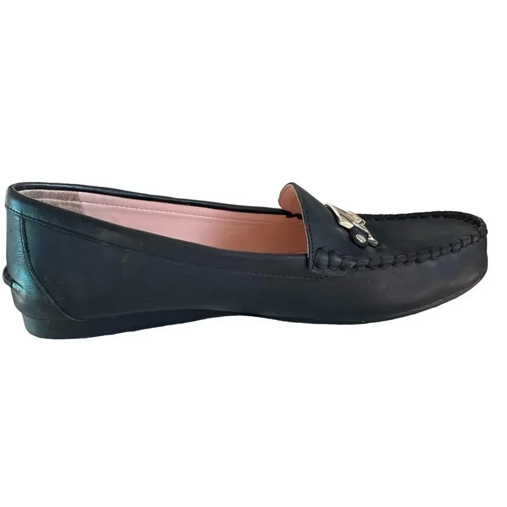 Kate Spade Black Carmen Leather Driving Loafers with Silver Spade Hardware 7B
